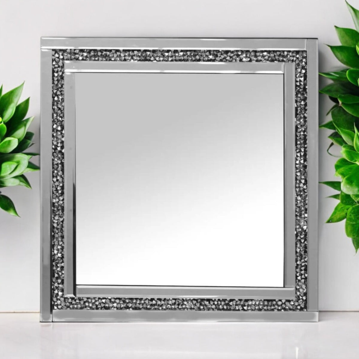 Gatsby Silver Square Wall Mirror With Diamond Like Crystals Edging 60cm x 60cm - Cherish Home