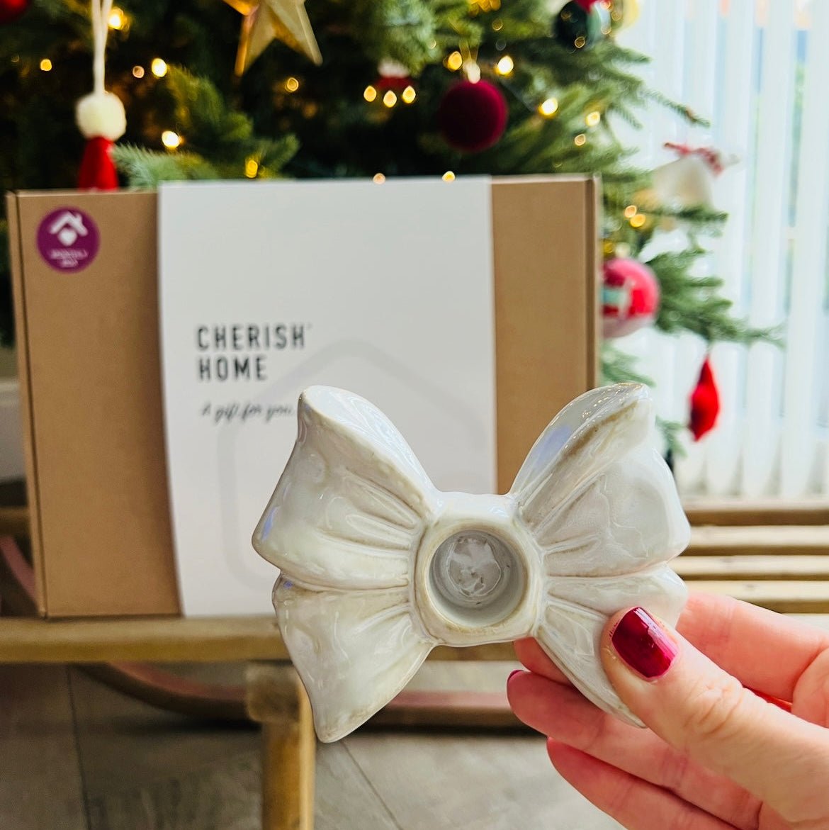 Glazed Ceramic Double Bow Candle Holder - Cherish Home