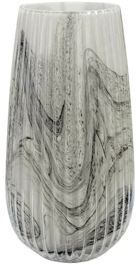 Grey Marble Flower Vase Glass Ribbed Design 26cm Decorative Table Vase Ornament - Cherish Home