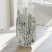 Grey Marble Flower Vase Glass Ribbed Design 26cm Decorative Table Vase Ornament - Cherish Home