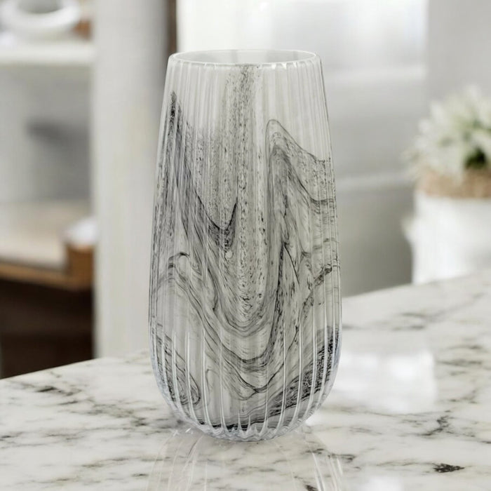 Grey Marble Flower Vase Glass Ribbed Design 26cm Decorative Table Vase Ornament - Cherish Home