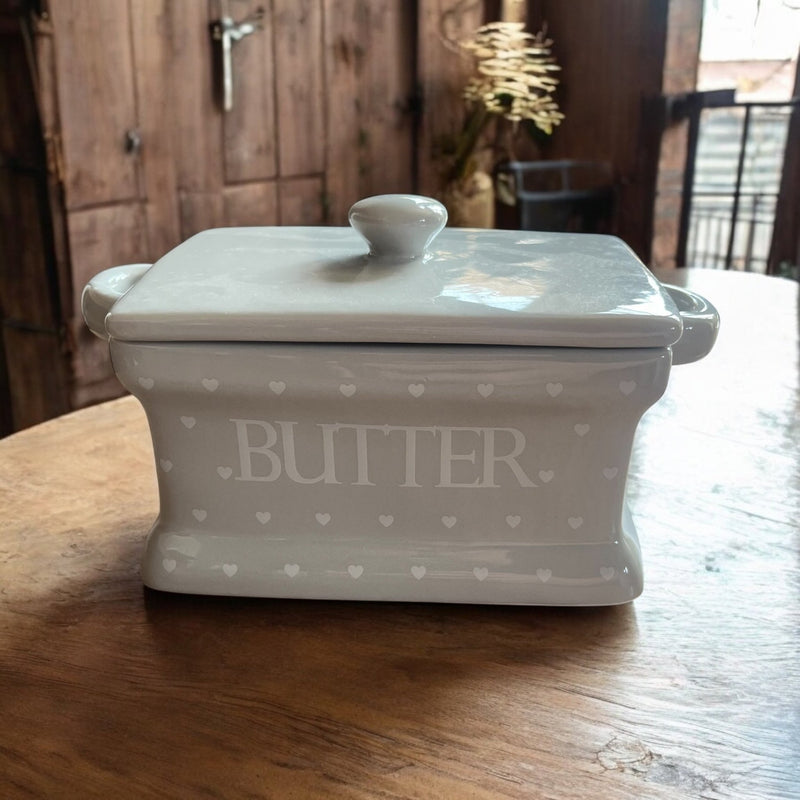 Grey with White Hearts Butter Dish and Lid - Cherish Home