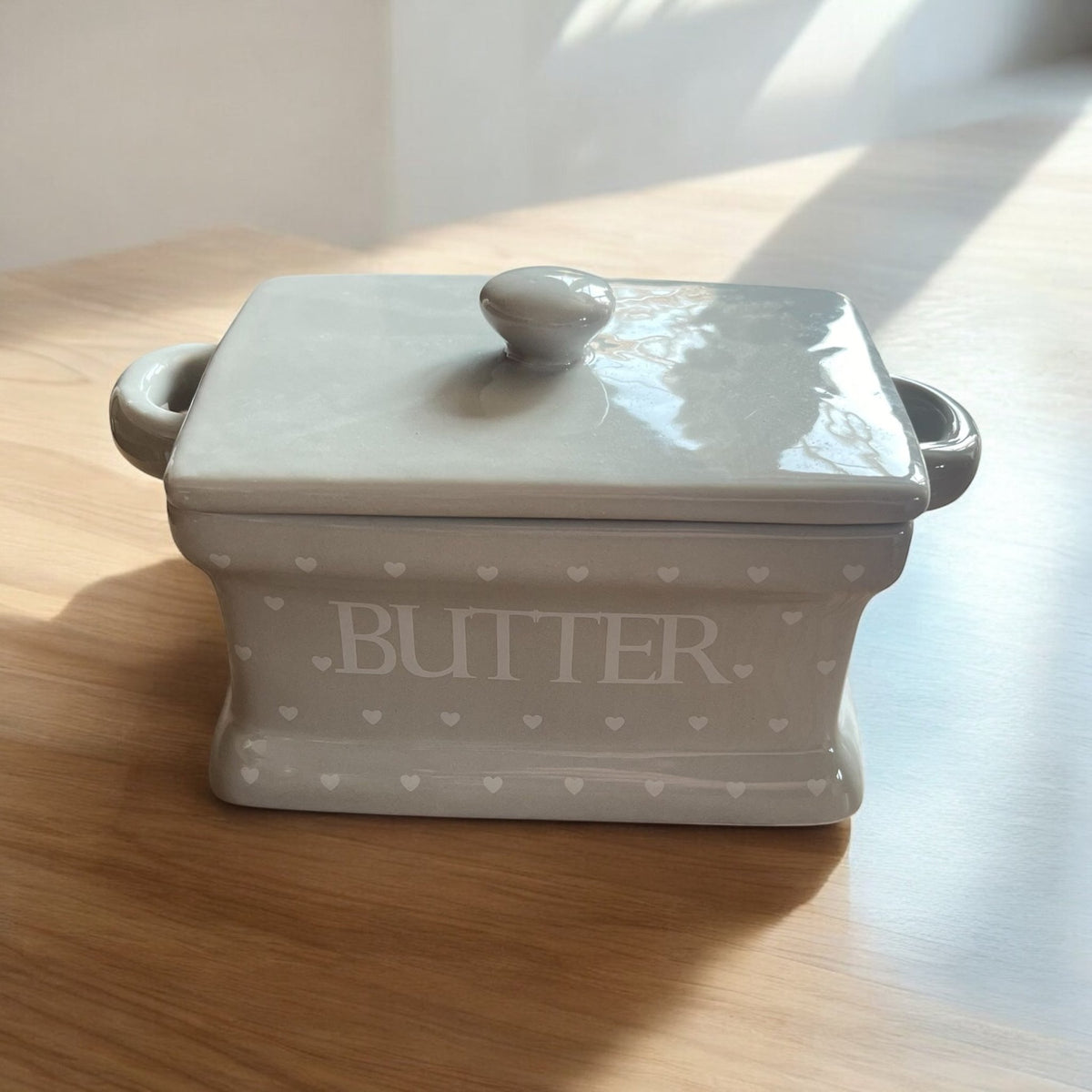 Grey with White Hearts Butter Dish and Lid - Cherish Home