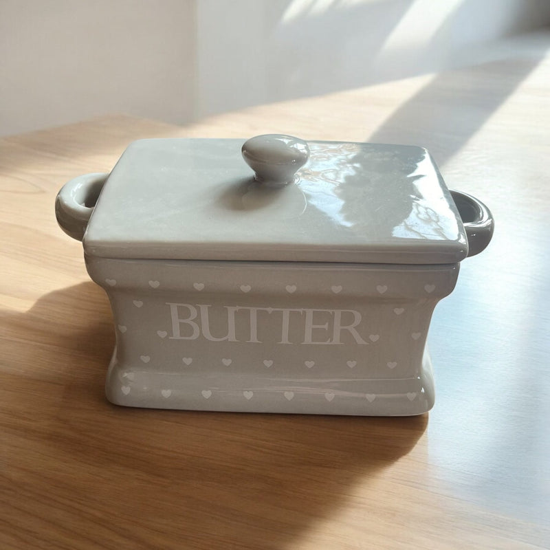 Grey with White Hearts Butter Dish and Lid - Cherish Home