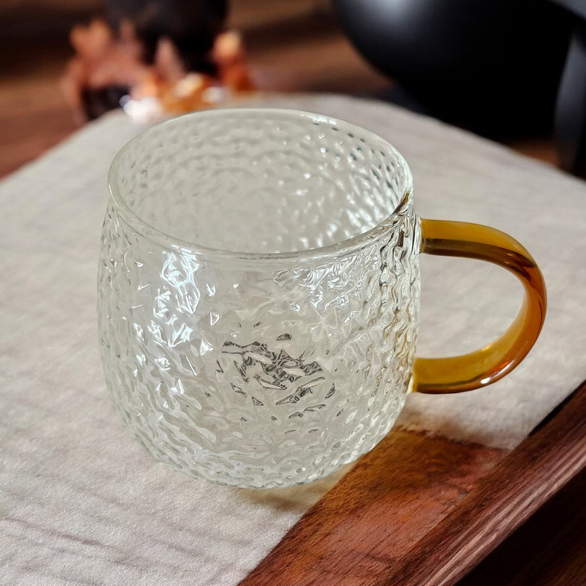 Hammered Glass 350ml Coffee Mug - Elegant Textured Drinking Cup, Clear Glass for Iced Coffee, Tea, Lattes, Water & More - Cherish Home