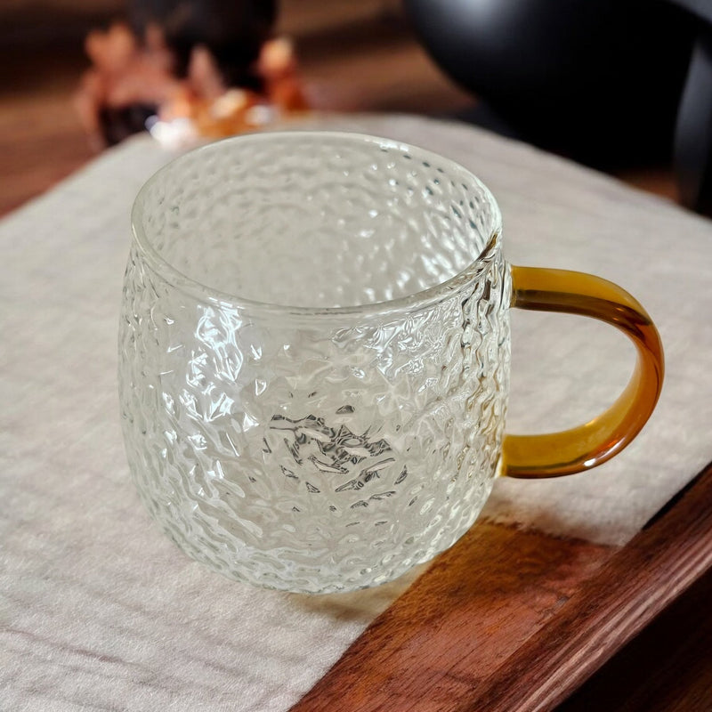 Hammered Glass 350ml Coffee Mug - Elegant Textured Drinking Cup, Clear Glass for Iced Coffee, Tea, Lattes, Water & More - Cherish Home