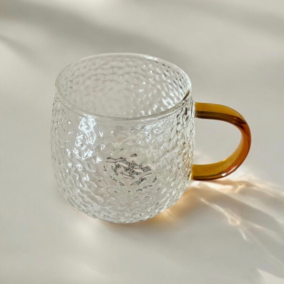 Hammered Glass 350ml Coffee Mug - Elegant Textured Drinking Cup, Clear Glass for Iced Coffee, Tea, Lattes, Water & More - Cherish Home