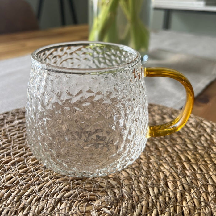 Hammered Glass 350ml Coffee Mug - Elegant Textured Drinking Cup, Clear Glass for Iced Coffee, Tea, Lattes, Water & More - Cherish Home