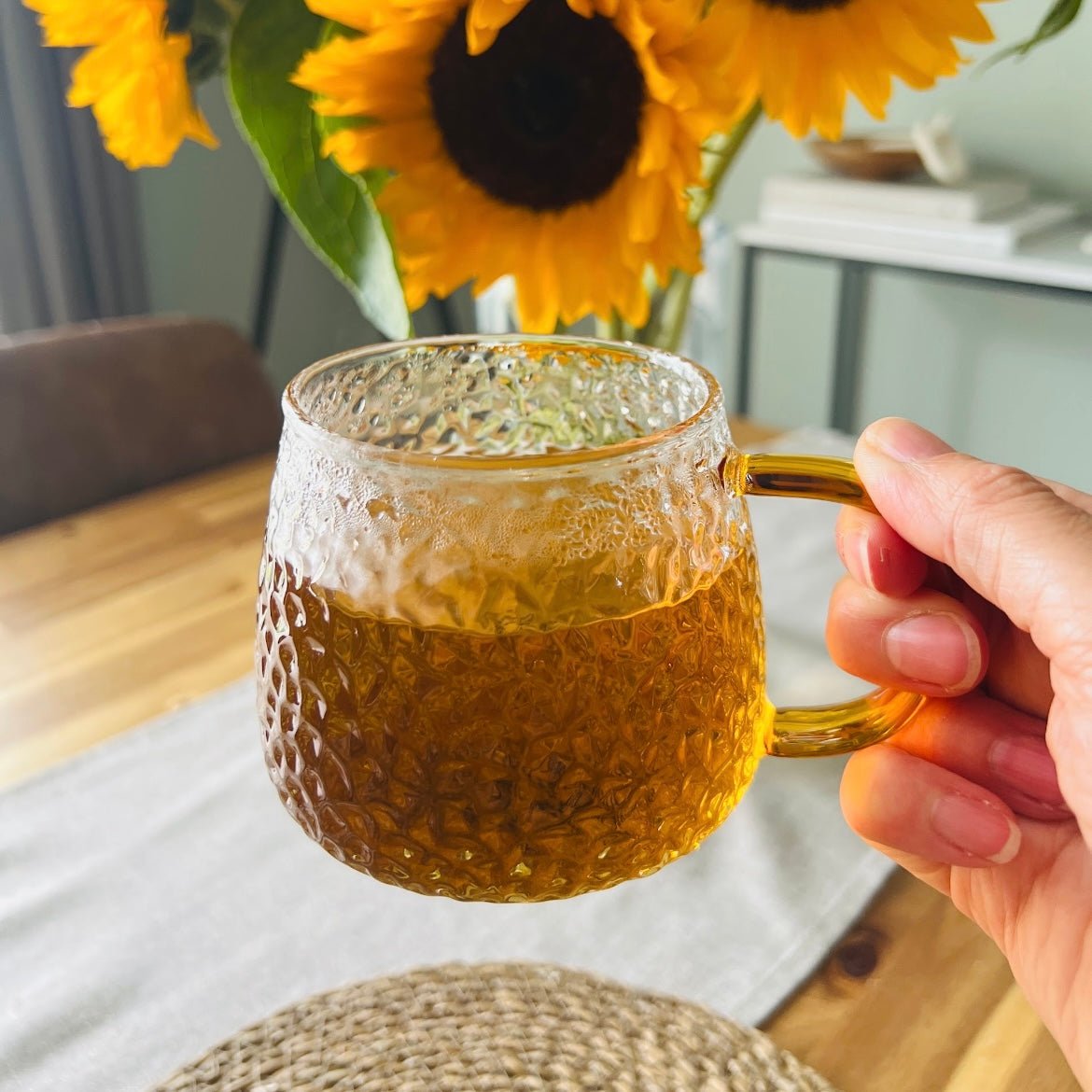 Hammered Glass 350ml Coffee Mug - Elegant Textured Drinking Cup, Clear Glass for Iced Coffee, Tea, Lattes, Water & More - Cherish Home