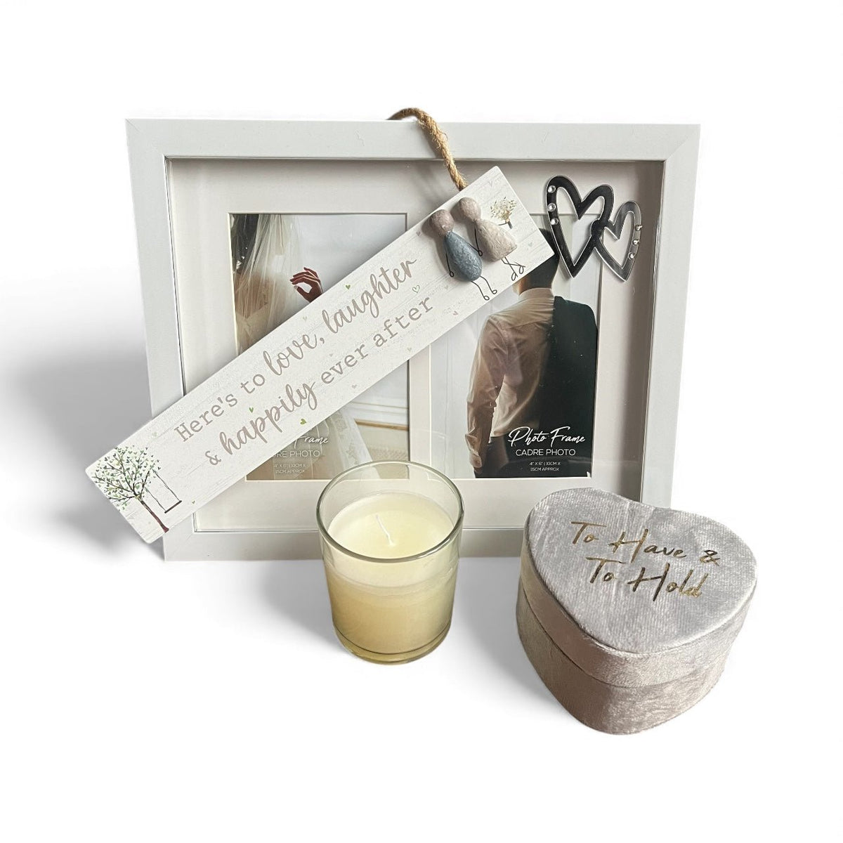 "Happily Ever After" Wedding Gift Box with Sentimental Pebble Art, Heart Frame, Trinket Box, and Candle - Cherish Home