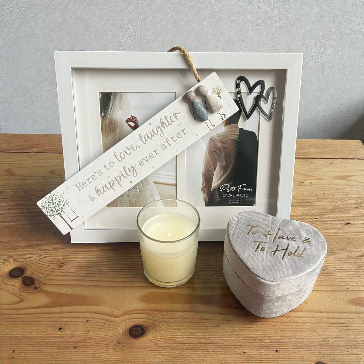 "Happily Ever After" Wedding Gift Box with Sentimental Pebble Art, Heart Frame, Trinket Box, and Candle - Cherish Home