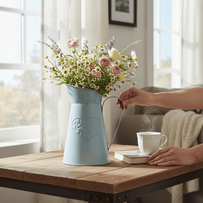 Heart Embossed 22cm Rustic Zinc Jug Country Weddings Styling - Cherish Home