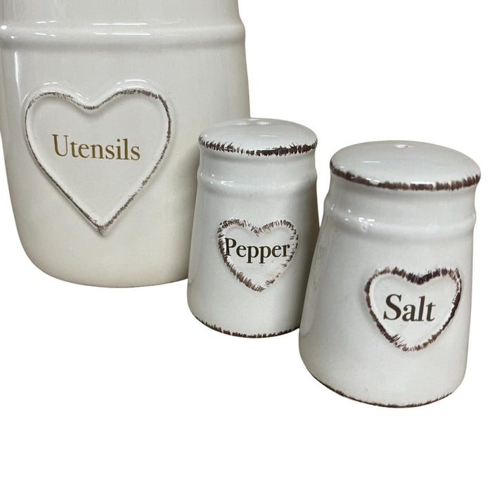 Heart Embossed Salt & Pepper Pots & Utensil Pot - Cherish Home