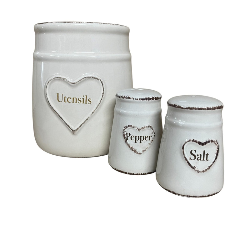 Heart Embossed Salt & Pepper Pots & Utensil Pot - Cherish Home