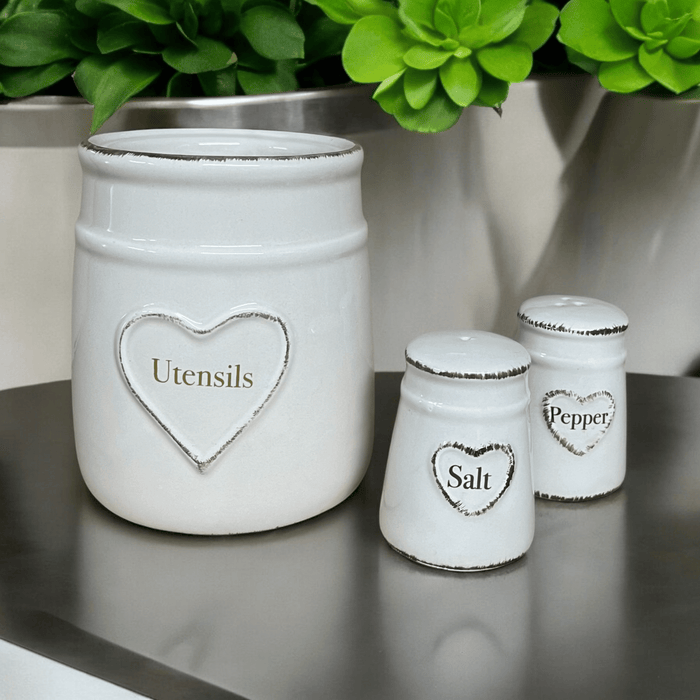 Heart Embossed Salt & Pepper Pots & Utensil Pot - Cherish Home