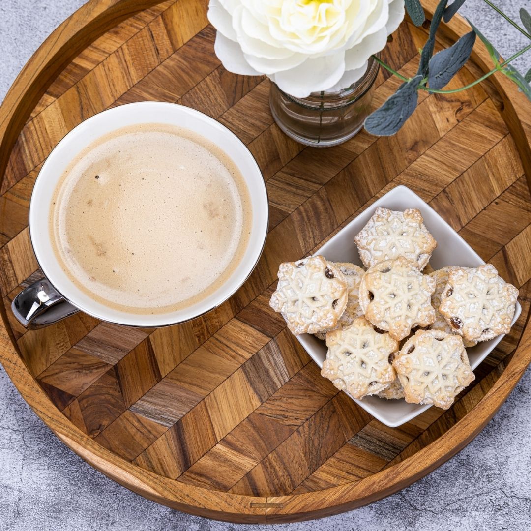 Herringbone Pattern Round Wooden Serving Tray - Decorative Coffee Table Tray, Ottoman Tray, Farmhouse Style for Home Decor, Drinks, & Food Serving - Cherish Home
