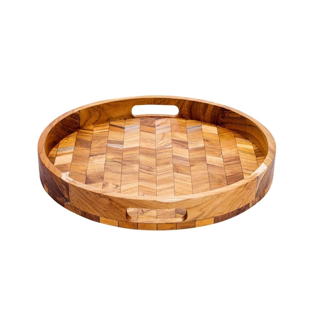 Herringbone Pattern Round Wooden Serving Tray - Decorative Coffee Table Tray, Ottoman Tray, Farmhouse Style for Home Decor, Drinks, & Food Serving - Cherish Home