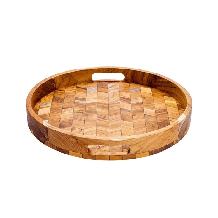 Herringbone Pattern Round Wooden Serving Tray - Decorative Coffee Table Tray, Ottoman Tray, Farmhouse Style for Home Decor, Drinks, & Food Serving - Cherish Home