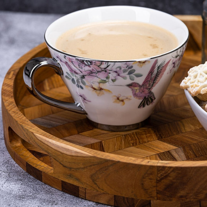 Herringbone Pattern Round Wooden Serving Tray - Decorative Coffee Table Tray, Ottoman Tray, Farmhouse Style for Home Decor, Drinks, & Food Serving - Cherish Home