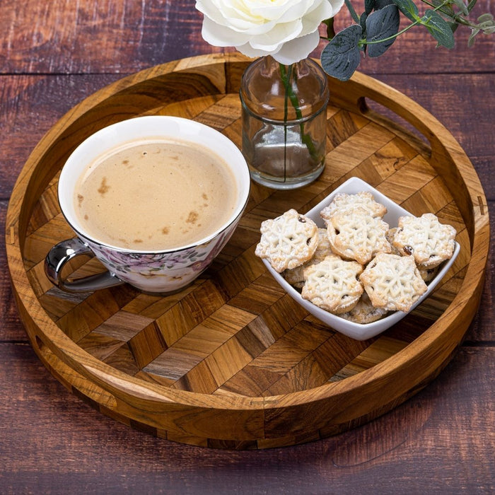 Herringbone Pattern Round Wooden Serving Tray - Decorative Coffee Table Tray, Ottoman Tray, Farmhouse Style for Home Decor, Drinks, & Food Serving - Cherish Home