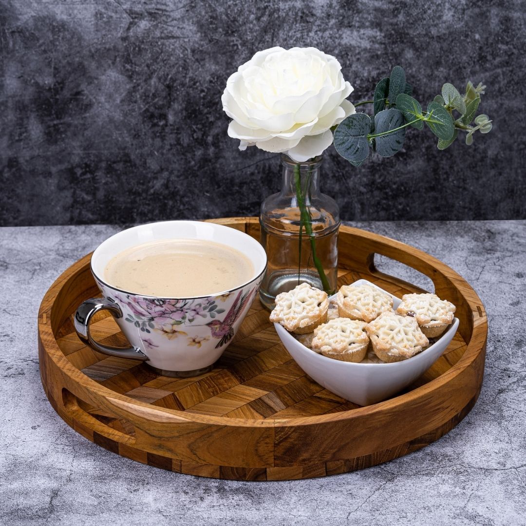 Herringbone Pattern Round Wooden Serving Tray - Decorative Coffee Table Tray, Ottoman Tray, Farmhouse Style for Home Decor, Drinks, & Food Serving - Cherish Home