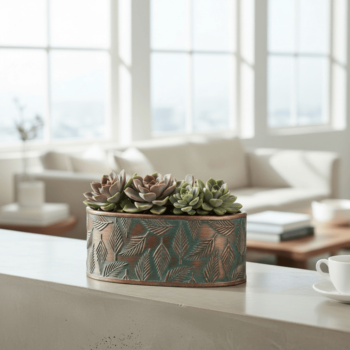 Industrial Luxe Green & Copper Wash Cement Oval Planter 20cm - Cherish Home