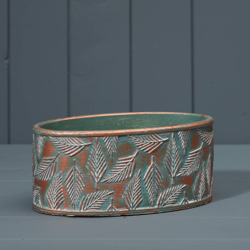 Industrial Luxe Green & Copper Wash Cement Oval Planter 20cm - Cherish Home