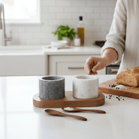 Kontrast Marble Salt & Pepper Pots with Acacia Wood Base & Serving Spoons - Cherish Home