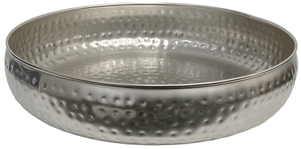 Large 30cm Round Antique Silver Serving Tray Stainless Steel Deep Tray Hammered - Cherish Home