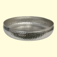 Large 30cm Round Antique Silver Serving Tray Stainless Steel Deep Tray Hammered - Cherish Home