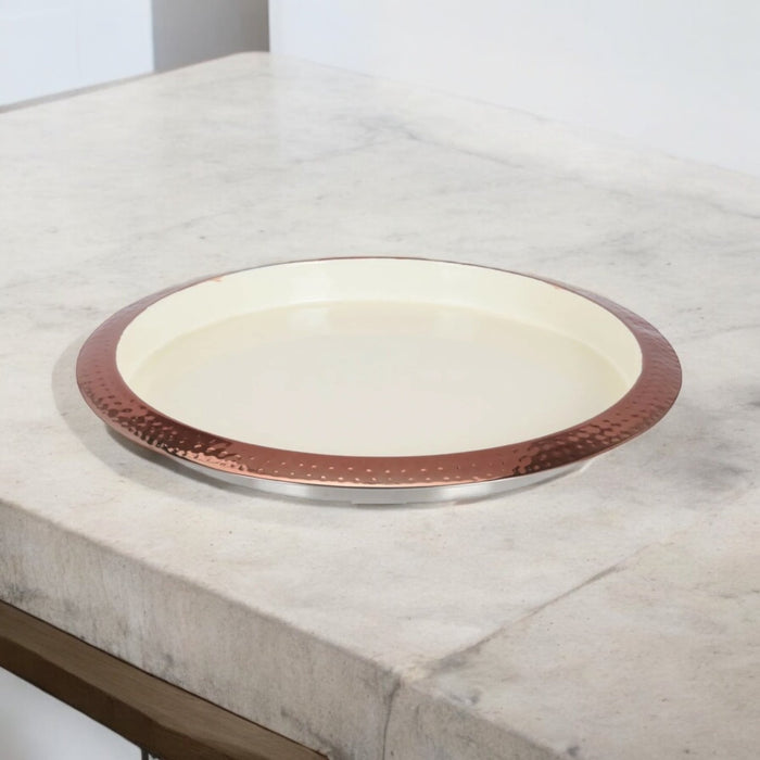 Large 35cm Round Hammered Copper & Cream Hammered Finish Metal Tray - Cherish Home