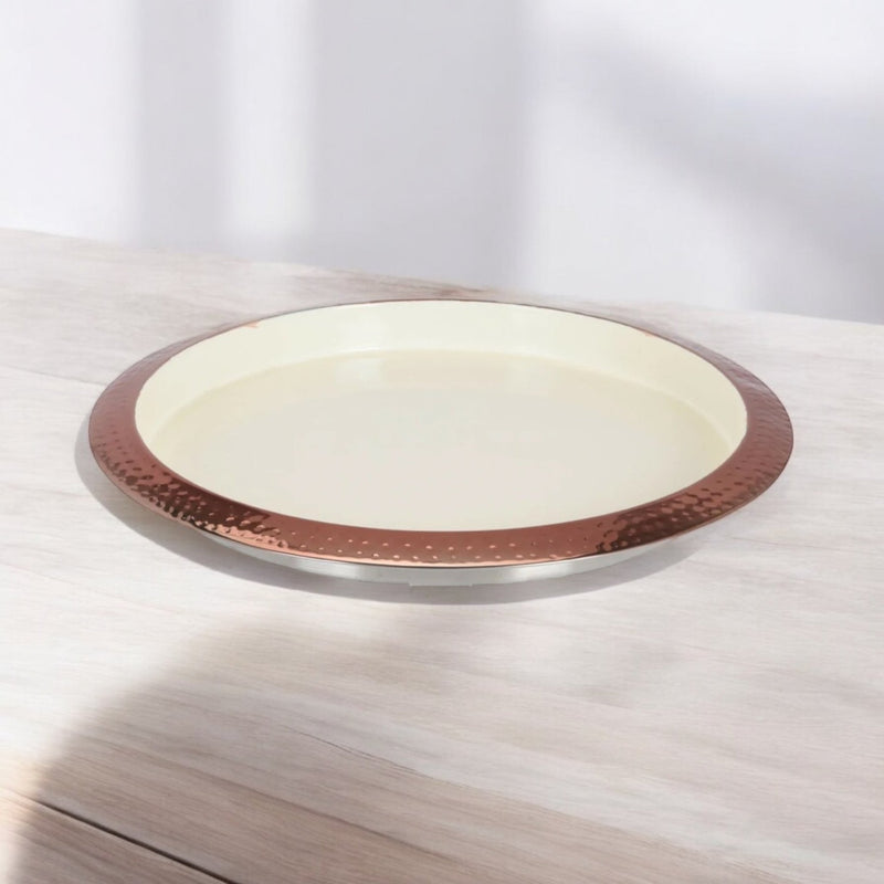 Large 35cm Round Hammered Copper & Cream Hammered Finish Metal Tray - Cherish Home