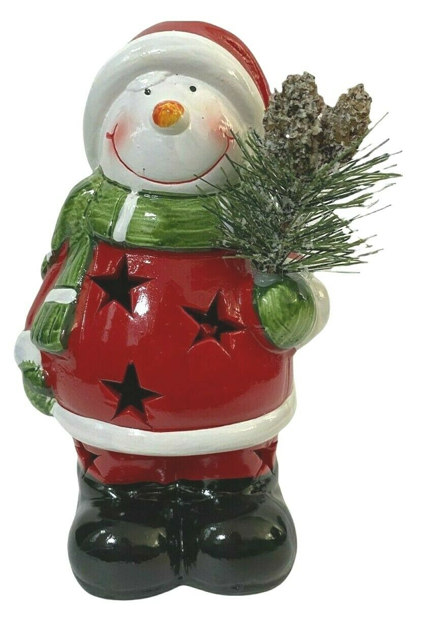 LED Light Up Christmas Ornament Snowman Holding Snowy Pine Festive Xmas Figurine - Cherish Home