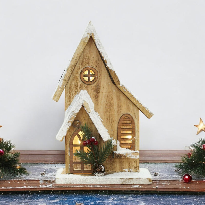 LED Wooden Christmas House Festive Light Up Xmas Ornament Frosted Snow & Berries - Cherish Home