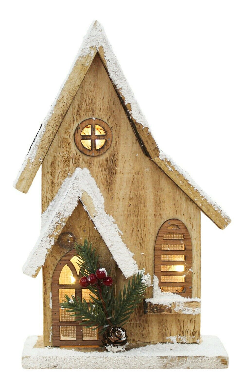 LED Wooden Christmas House Festive Light Up Xmas Ornament Frosted Snow & Berries - Cherish Home