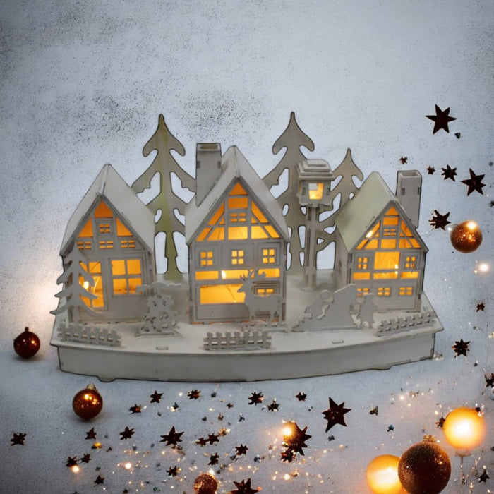 LED Wooden Christmas Village Large Xmas Light Up Ornament Festive Glitter Finish - Cherish Home