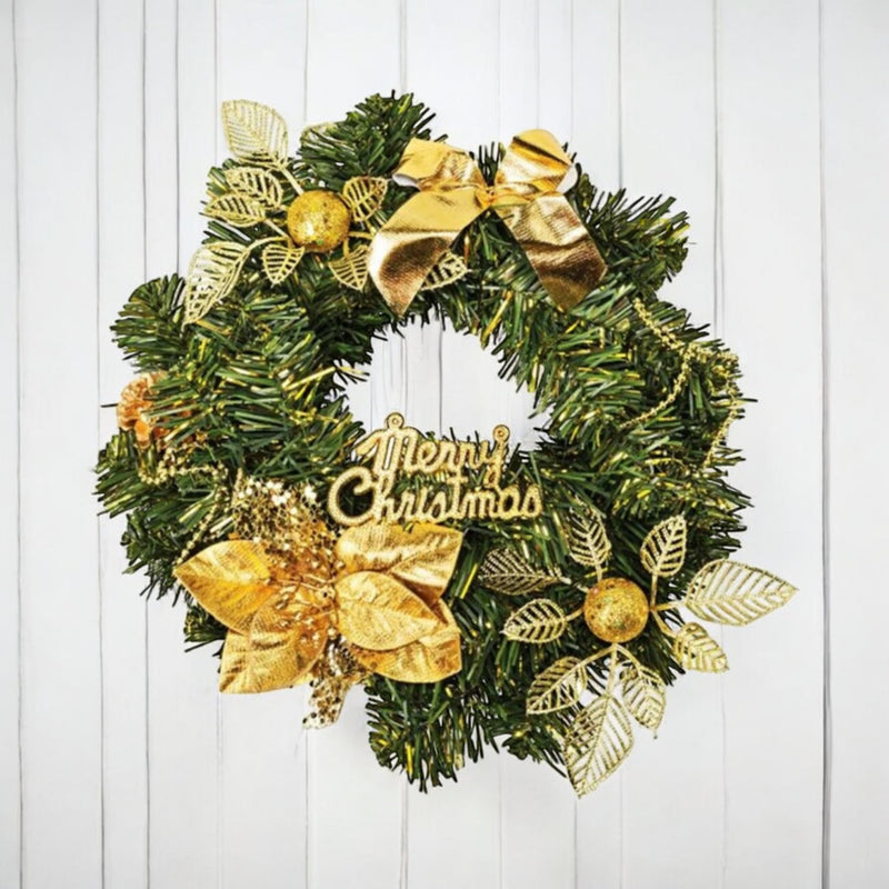 Merry Christmas Wreath Xmas Artificial Wreath 25cm Gold & Green - Cherish Home