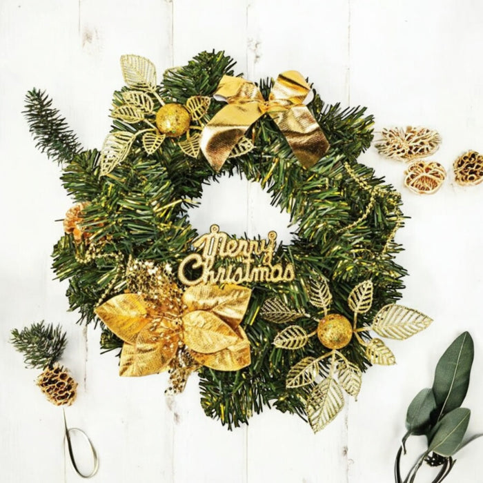 Merry Christmas Wreath Xmas Artificial Wreath 25cm Gold & Green - Cherish Home