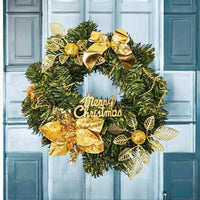 Merry Christmas Wreath Xmas Artificial Wreath 25cm Gold & Green - Cherish Home