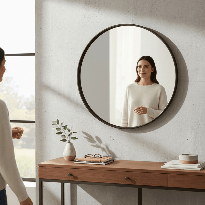 Minimalist 50cm Matte Black Round Mirror ideal for Hallway Living Room Bedroom - Cherish Home