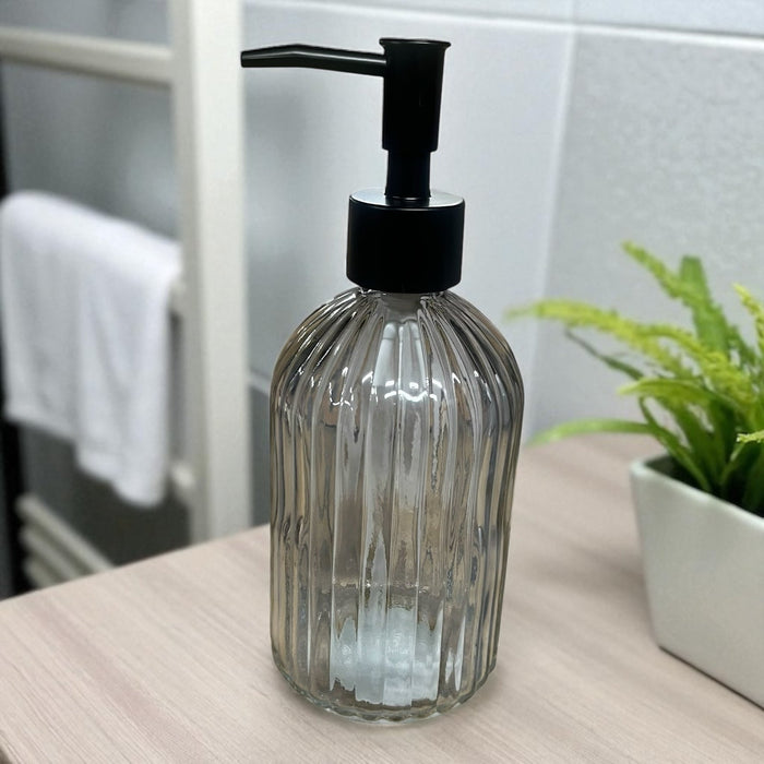 Modern Smoked Glass Lotion Dispenser, refillable Clear Grey Liquid Soap Bottle for Kitchen Sink, Bathroom, Vanity - Cherish Home