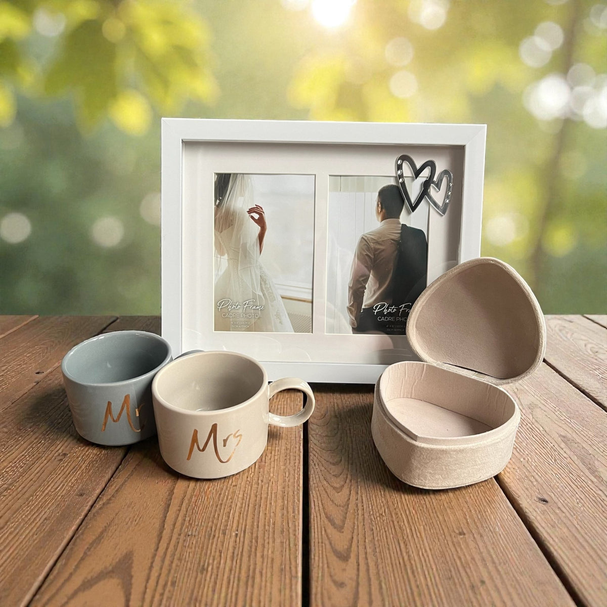 Mr & Mrs Wedding Day Gift Set – Matching Mugs, Photo Frame, and Keepsake Box for Couples - Cherish Home