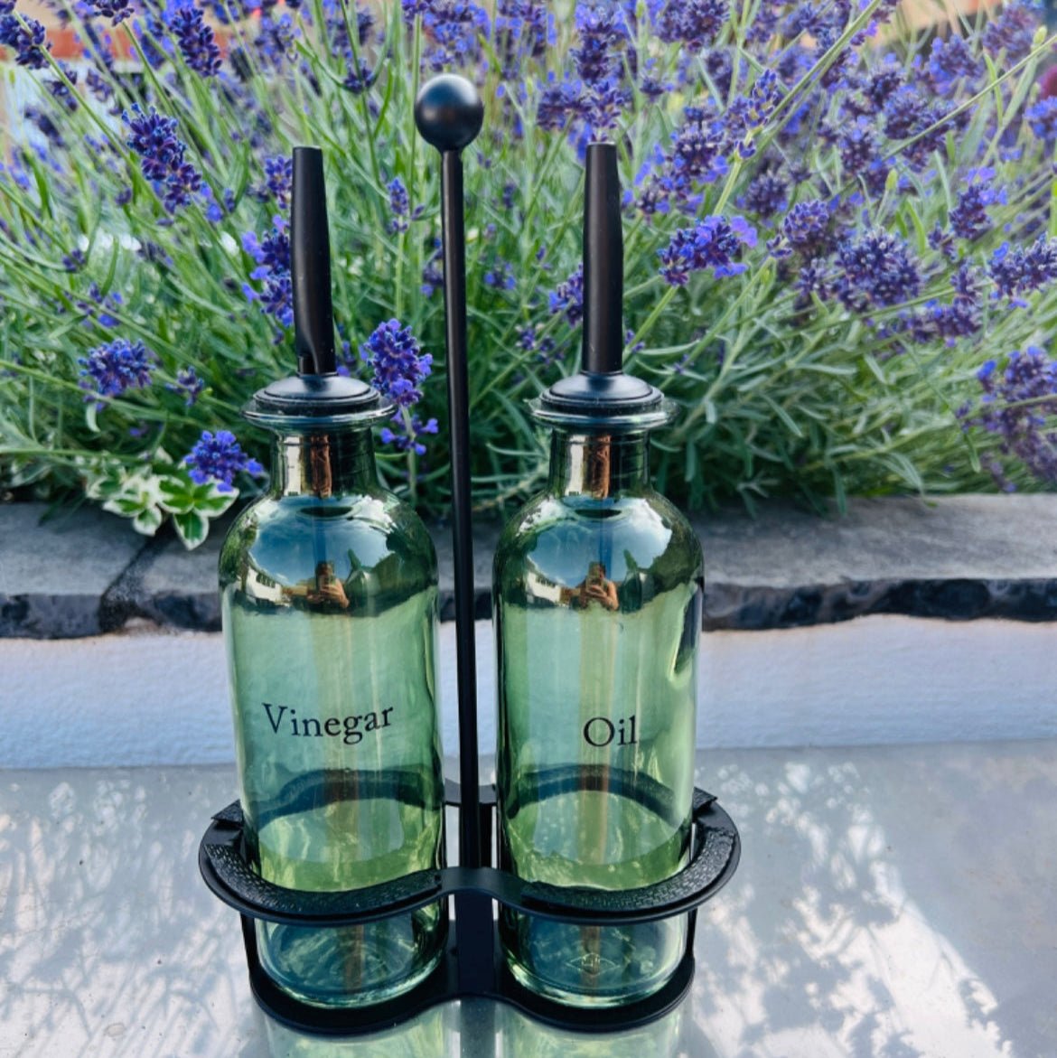Oil and Vinegar Dispenser Set - Olive Design Glass Bottles for Kitchen, Cruet Set with Pourers for Cooking & Salad Dressing - Cherish Home