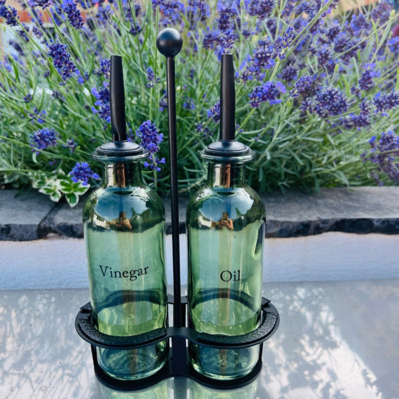 Oil and Vinegar Dispenser Set - Olive Design Glass Bottles for Kitchen, Cruet Set with Pourers for Cooking & Salad Dressing - Cherish Home