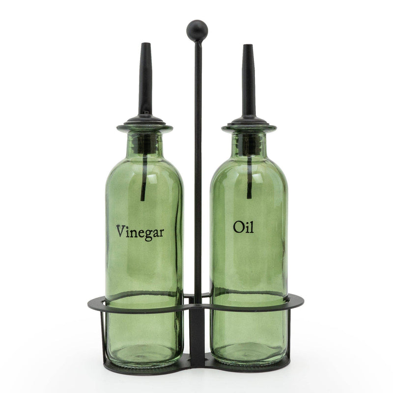 Oil and Vinegar Dispenser Set - Olive Design Glass Bottles for Kitchen, Cruet Set with Pourers for Cooking & Salad Dressing - Cherish Home