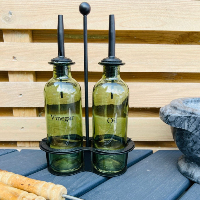 Oil and Vinegar Dispenser Set - Olive Design Glass Bottles for Kitchen, Cruet Set with Pourers for Cooking & Salad Dressing - Cherish Home
