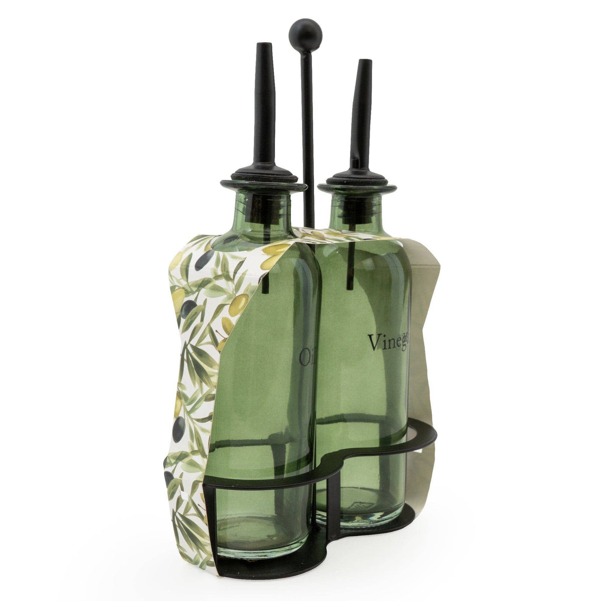Oil and Vinegar Dispenser Set - Olive Design Glass Bottles for Kitchen, Cruet Set with Pourers for Cooking & Salad Dressing - Cherish Home