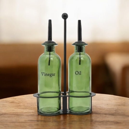 Oil and Vinegar Dispenser Set - Olive Design Glass Bottles for Kitchen, Cruet Set with Pourers for Cooking & Salad Dressing - Cherish Home