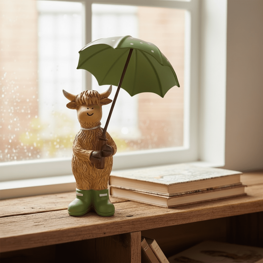Otis the Highland Cow with Green Umbrella & Wellies 16cm - Cherish Home