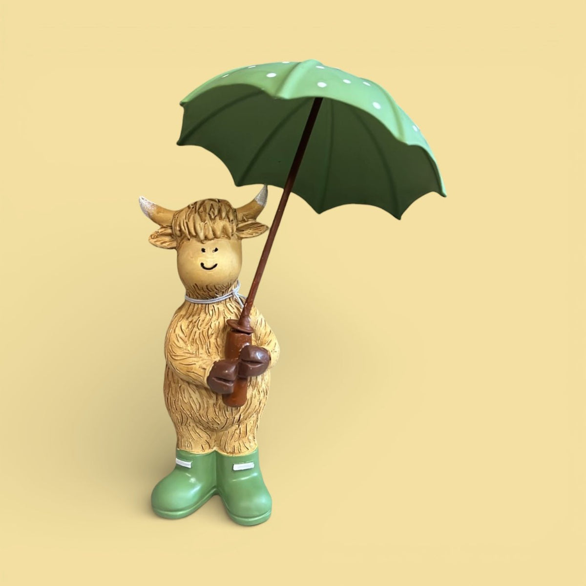 Otis the Highland Cow with Green Umbrella & Wellies 16cm - Cherish Home